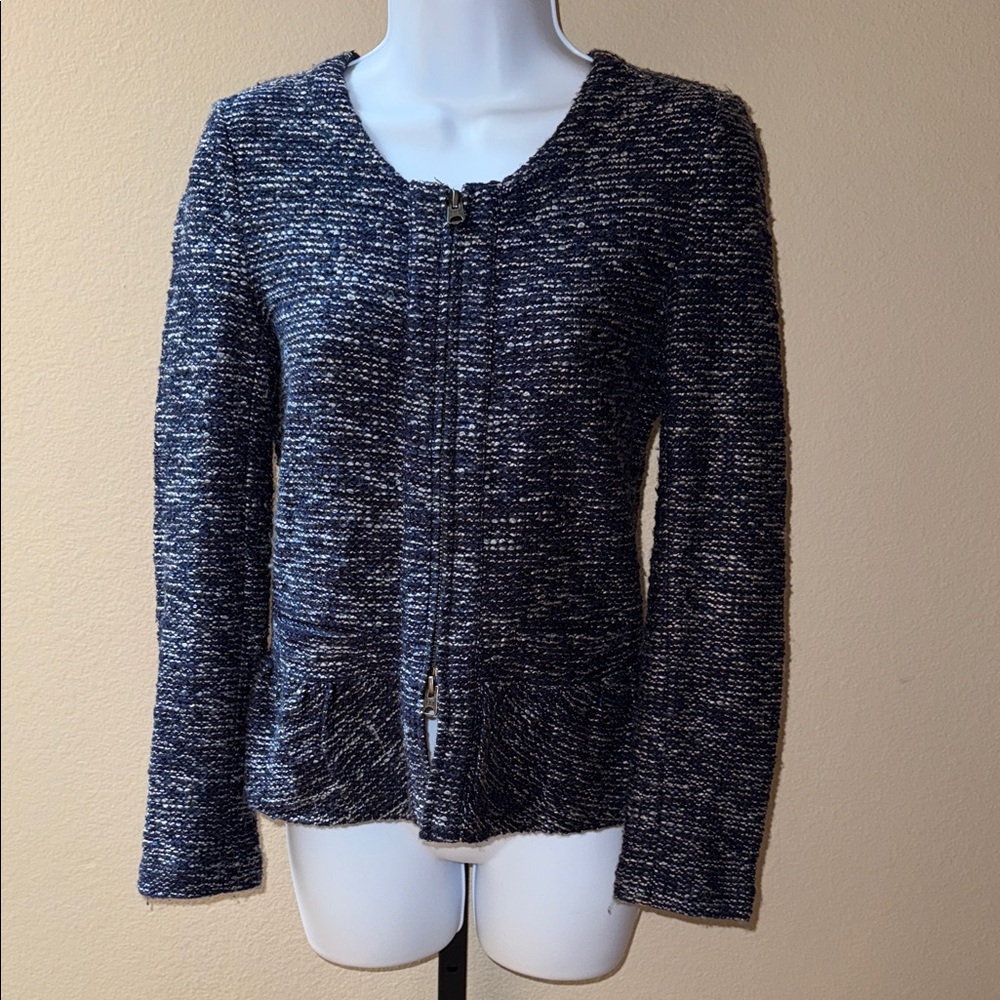 J. Crew Textured Navy White Tweed Peplum Zip Front Blazer Women’s Size XS